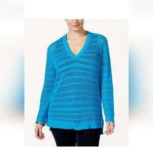 Michael Kors Open Knit Sweater Women Blue Sz L Honeycomb Tunic Santorini Hi-low